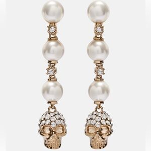 McQueen Crystal Embellished Pearl and Skull Pierced Drop Earrings